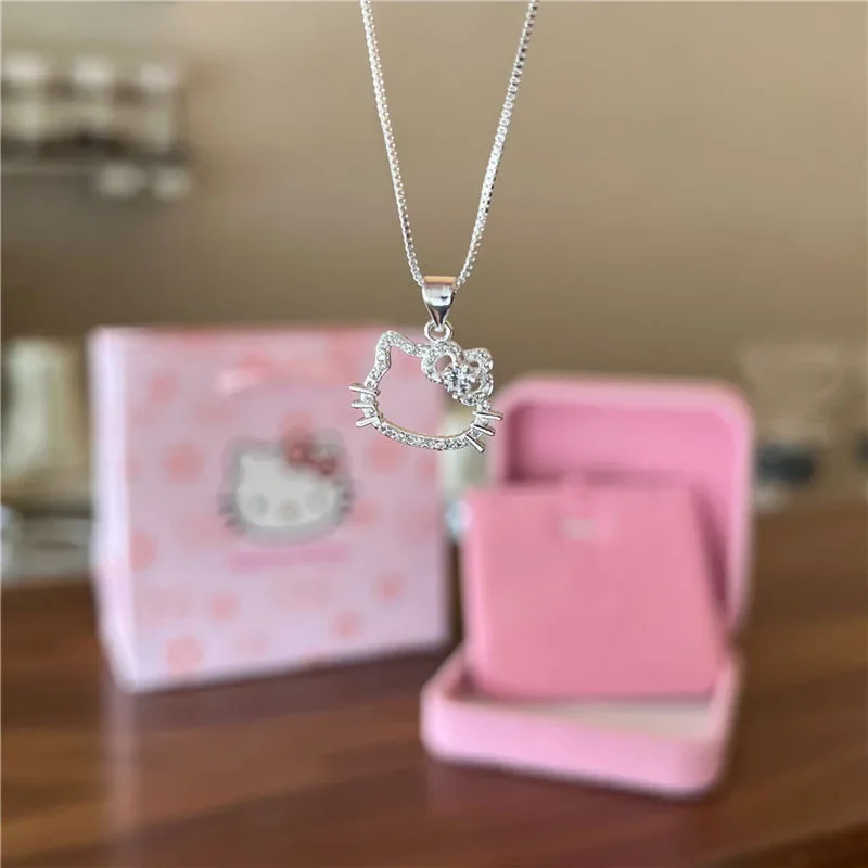 

Lovely Hello kitty Sanrio Anime Kids Chain Necklace Cute Cartoon Hollowed Kitty Crystal Ring for Women Girls Birthday Gift