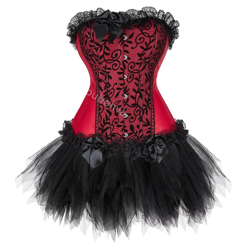 

Women Corset Dress Tutu Skrits Set Overbust With Lace Costume Party Sexy Burlesque Basques Outfit Plus Size Gothic Red Black