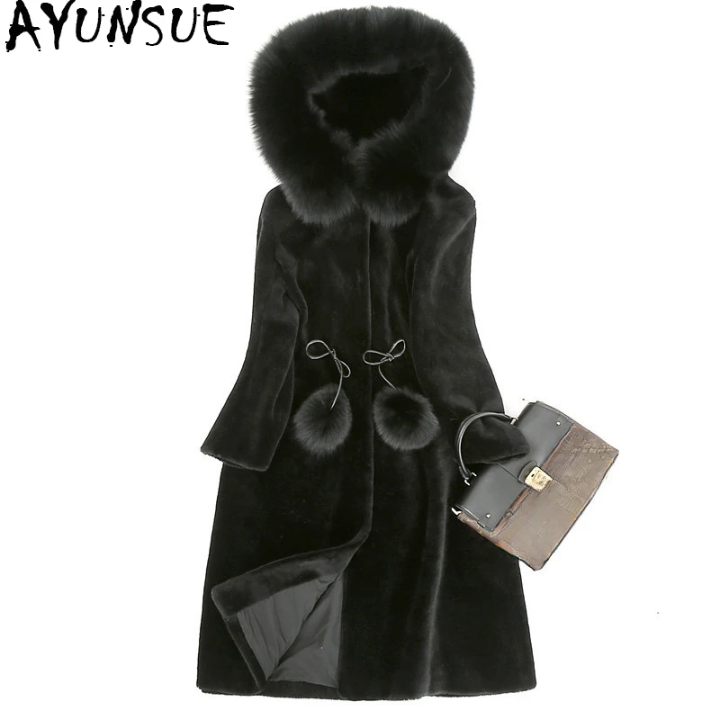 

AYUNSUE Real Fur Coat Female Natural Sheep Shearing Overcoat With Genuine Fox Fur Collar Hooded Wool Winter Jacket Women WYQ835