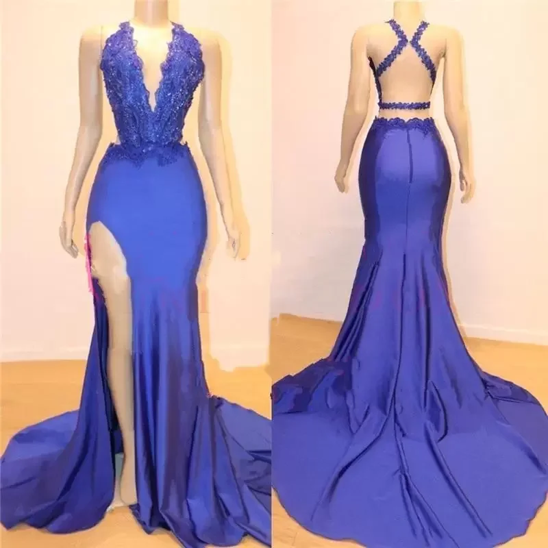 

Sexy Royal Blue Crystal Sequin Women's Dress with Deep V-neck Backless Luxury Satin Slit Floor-Length Christmas Evening Gown