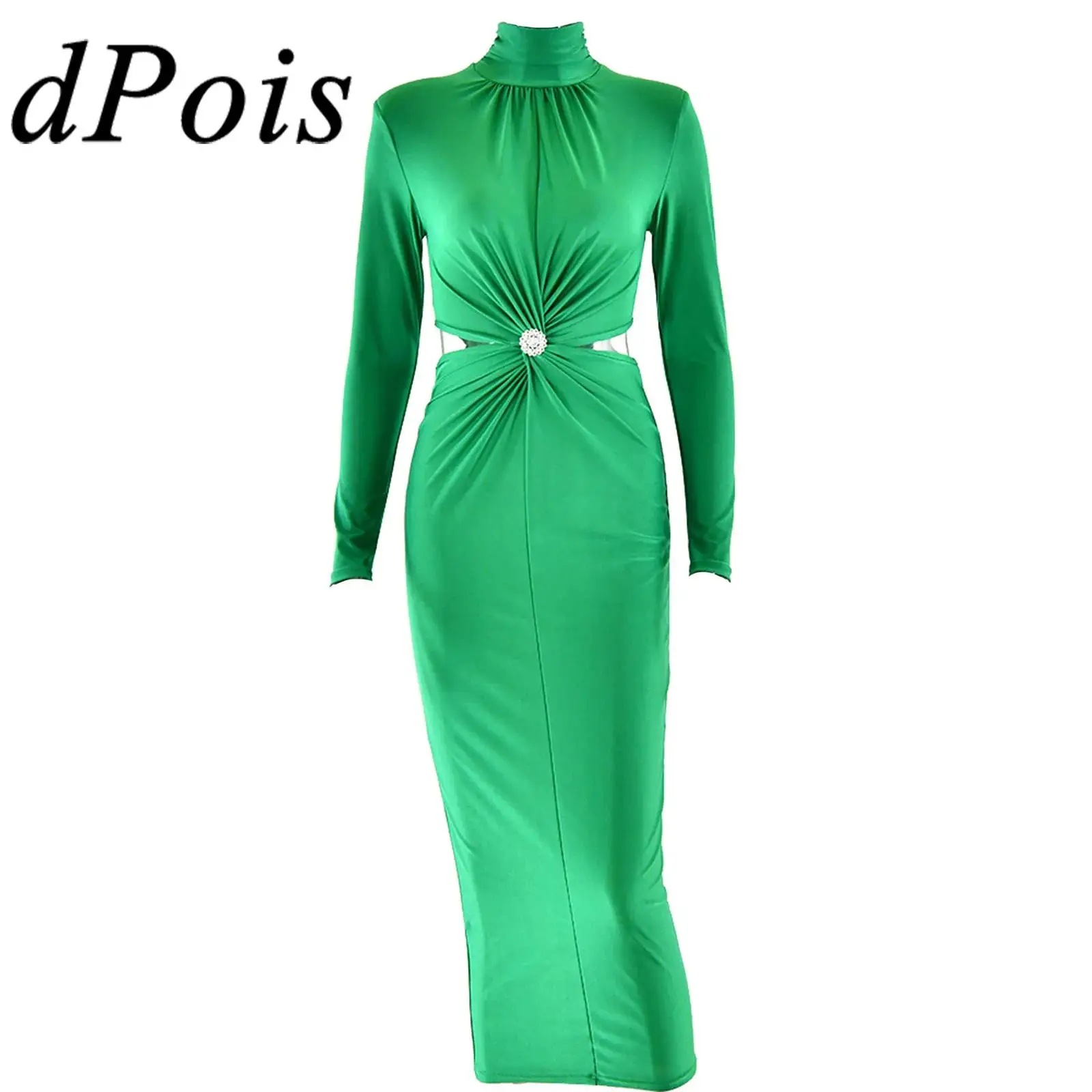 

Womens Satiny Long Party Dress Rhinestones High Collar Long Sleeve Ruched Waist Cutout Hip Wrap Pencil Dress for Evening Pageant