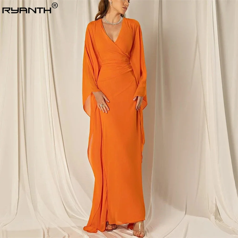 Ryanth Vintage Dubai Saudi Arabia V-neck Chiffon Long Sleeve Evening Dresses Orange Mermaid Formal Prom Dresses For Women
Ryanth Vintage Dubai Saudi Arabia V-neck Chiffon Long Sleeve Evening Dresses Orange Mermaid Formal Prom Dresses For Women