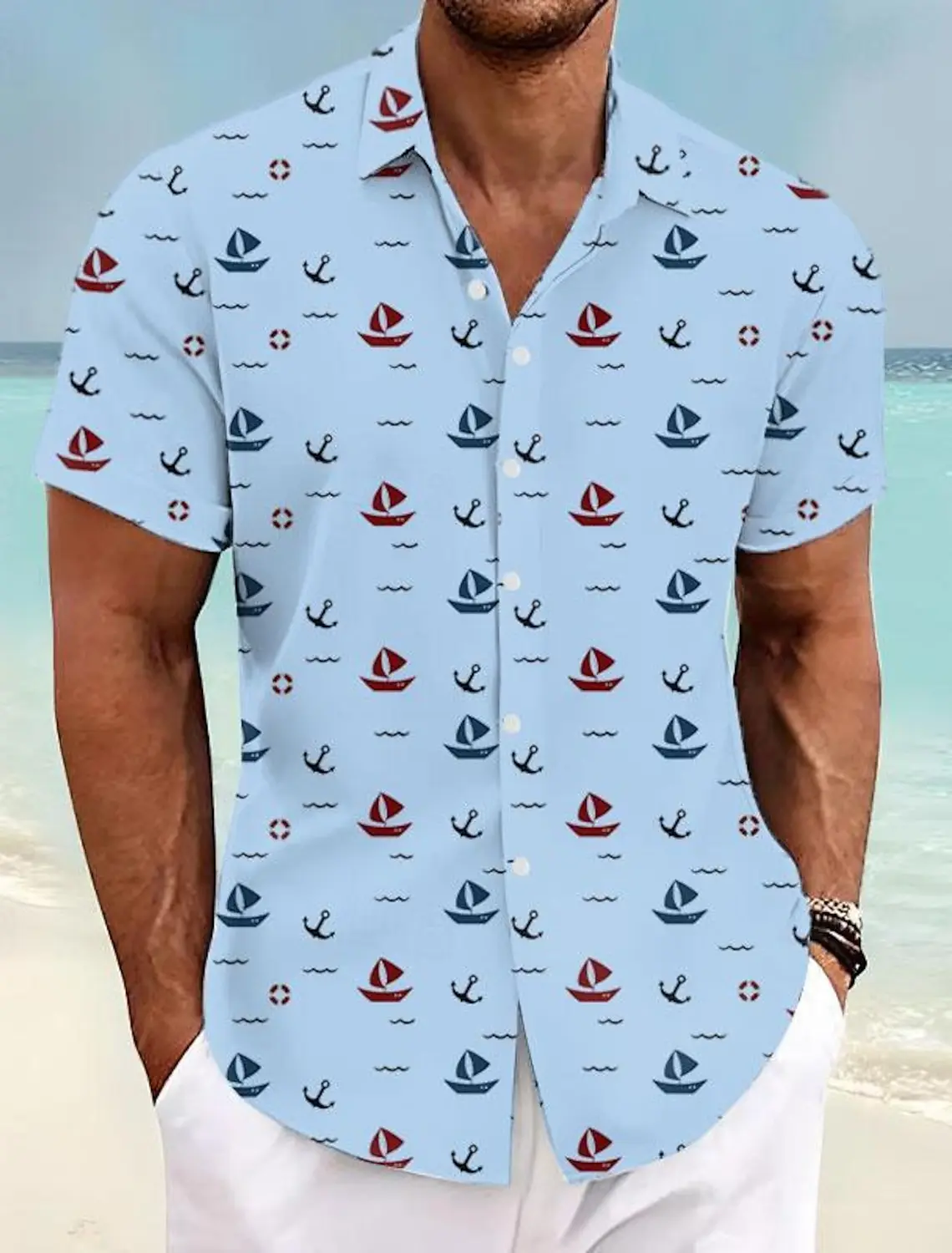 

Sailboat Graphics Men's Resort Hawaiian Casual 3D Printed Street Shirt Summer Turndown Short Sleeves 4-Way Stretch Fabric Shirts