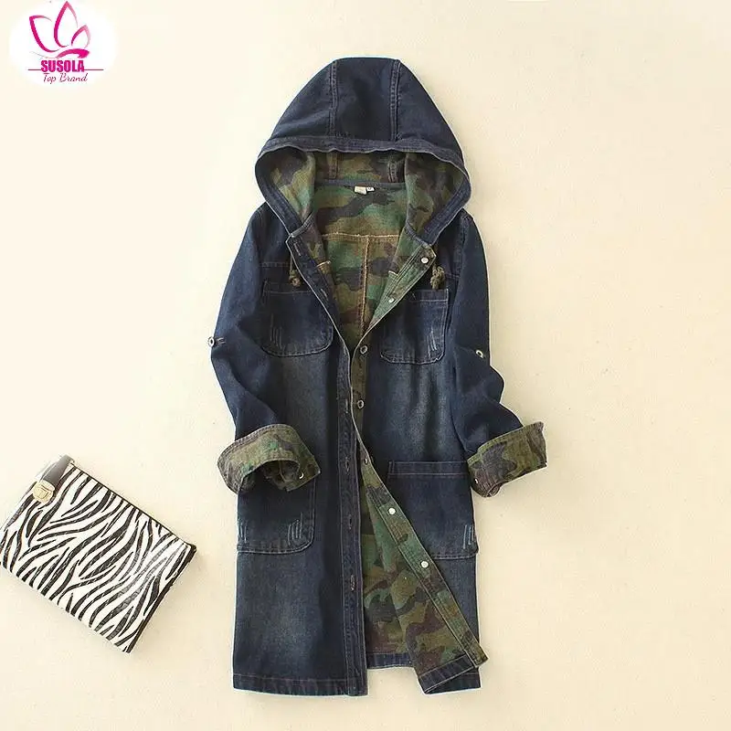 SUSOLA Single-breasted Long Denim Hooded Jacket Camouflage High Quality Women Denim Jacket Spell Color
SUSOLA Single-breasted Long Denim Hooded Jacket Camouflage High Quality Women Denim Jacket Spell Color