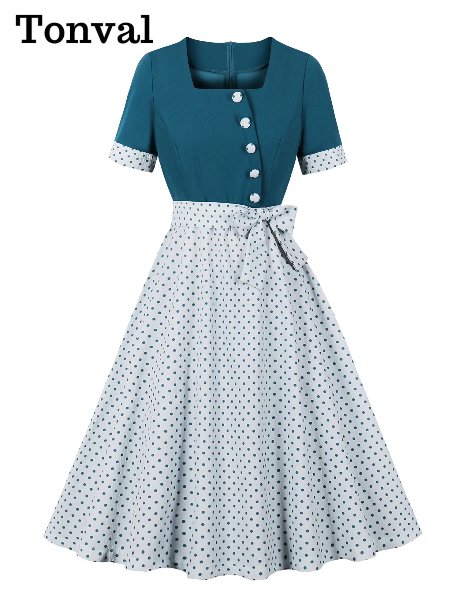 

Tonval Peacock Blue and Polka Dot Tow Tone Summer Dresses 2024 Square Neck Button Front Belted Women Vintage Swing Dress