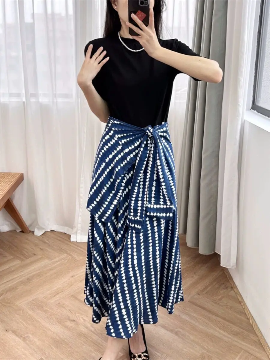 

Spring 2024 Fake Two Pieces Ladies Splicing Irregular Hem Dress Female O-Neck Short-Sleeved Lace-Up Bow Temperament Long Robe