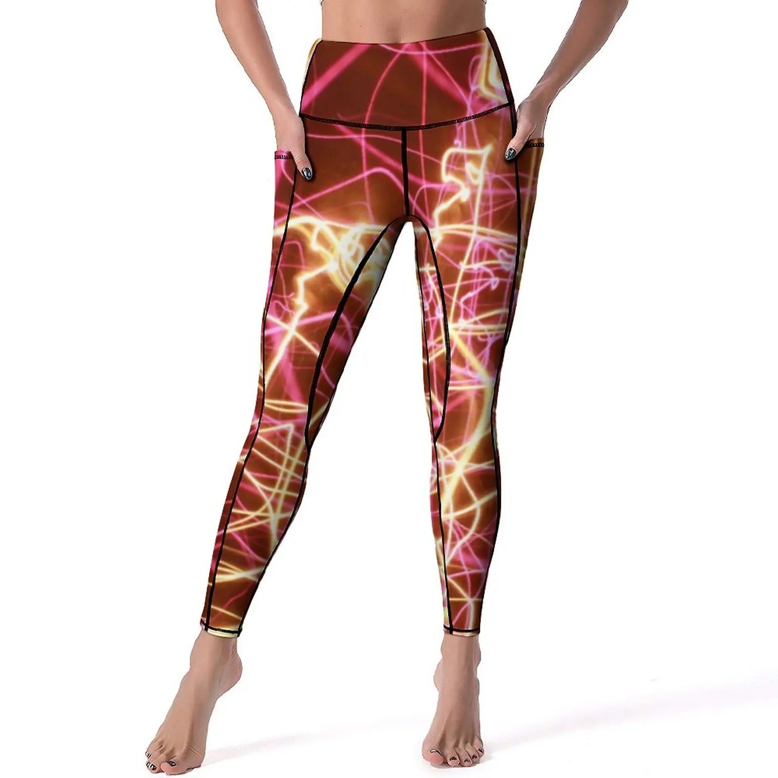 

Fluorescent Lines Yoga Pants With Pockets Abstract Print Leggings Sexy Push Up Sweet Yoga Sports Tights Stretch Fitness Leggins