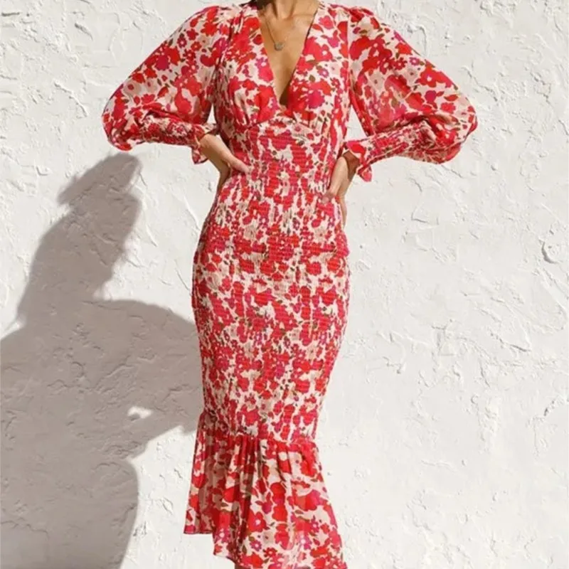 Spring And Summer Women's Fashion Elastic Waist Long Sleeve V-Neck Printed Ruffle Dress Elegant Women's Slim Fit Party Vestidos
Spring And Summer Women's Fashion Elastic Waist Long Sleeve V-Neck Printed Ruffle Dress Elegant Women's Slim Fit Party Vestidos