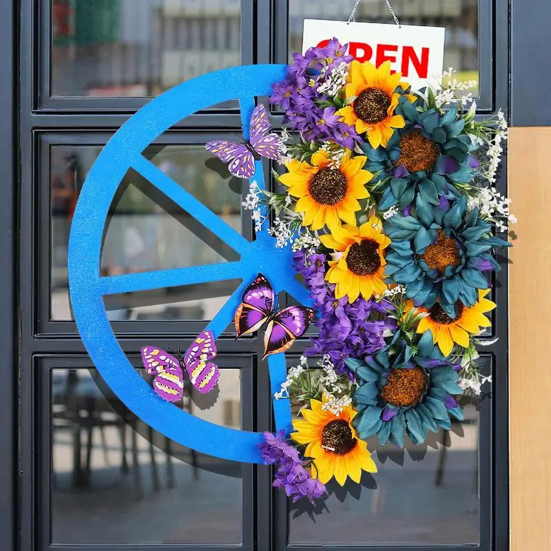 

Spring Wreath Outdoor Spring Blue Wheel Garland Decorative Door Wreath with Sunflowers Butterflies Flower Decoration for Home