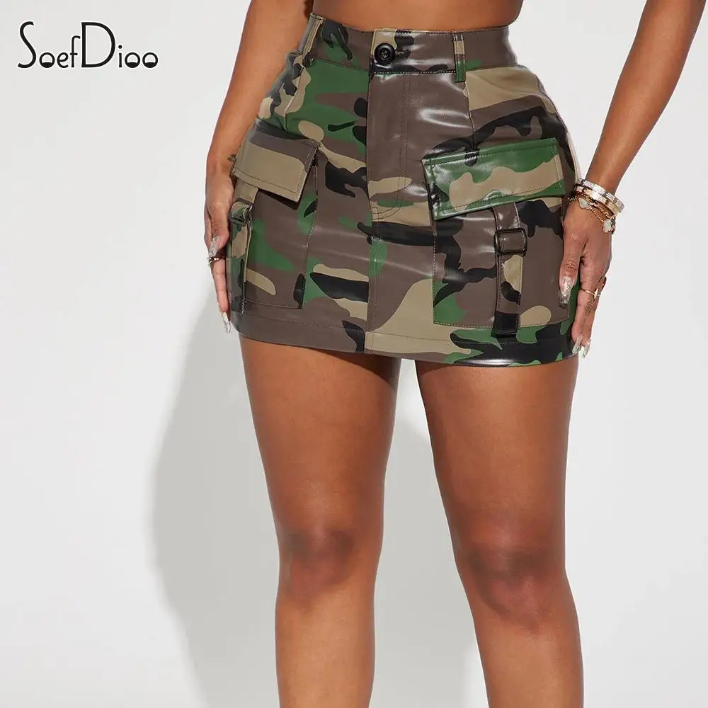 

Soefdioo Pu Leather Camouflage Print Stretch High Waist Bodycon Mini Skirt Women 2023 Summer Baddie Streetwear Sexy Cargo Skirts