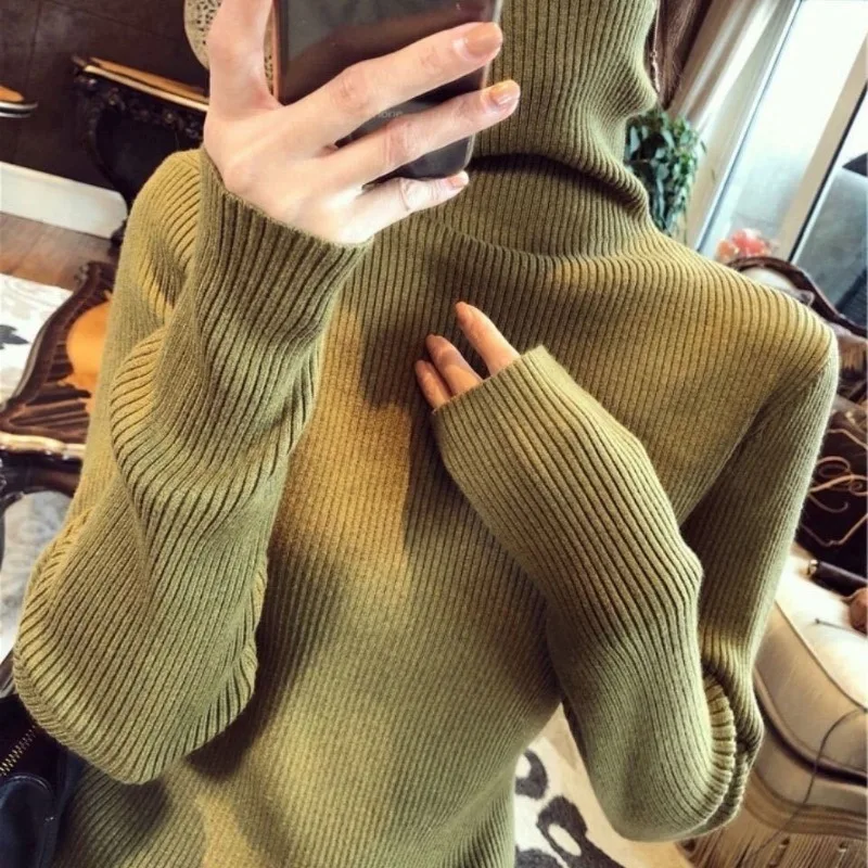 

Женский осенне-зимний новый модный однотонный пуловер с высоким воротником Повседневный Универсальный облегающий свитер с длинным рукавом вязаные топы