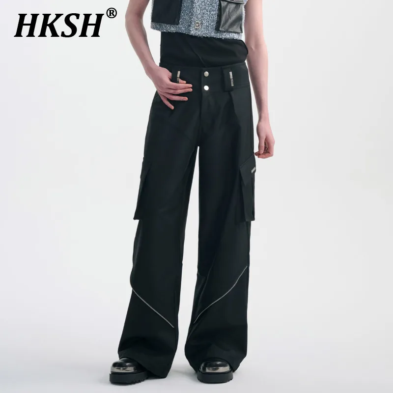 

HKSH Spring Summer New Men's Tide Original Design Pockets Safari Style Cargo Pants Zipper Splice Fashion Casual Wide Leg HK1242