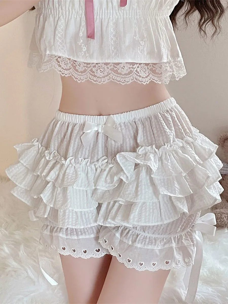 

Women Y2k Gothic Ruffle Shorts Girls Cosplay Costume Solid Color Elastic Waist Bow Front Tiered Bloomer Shorts