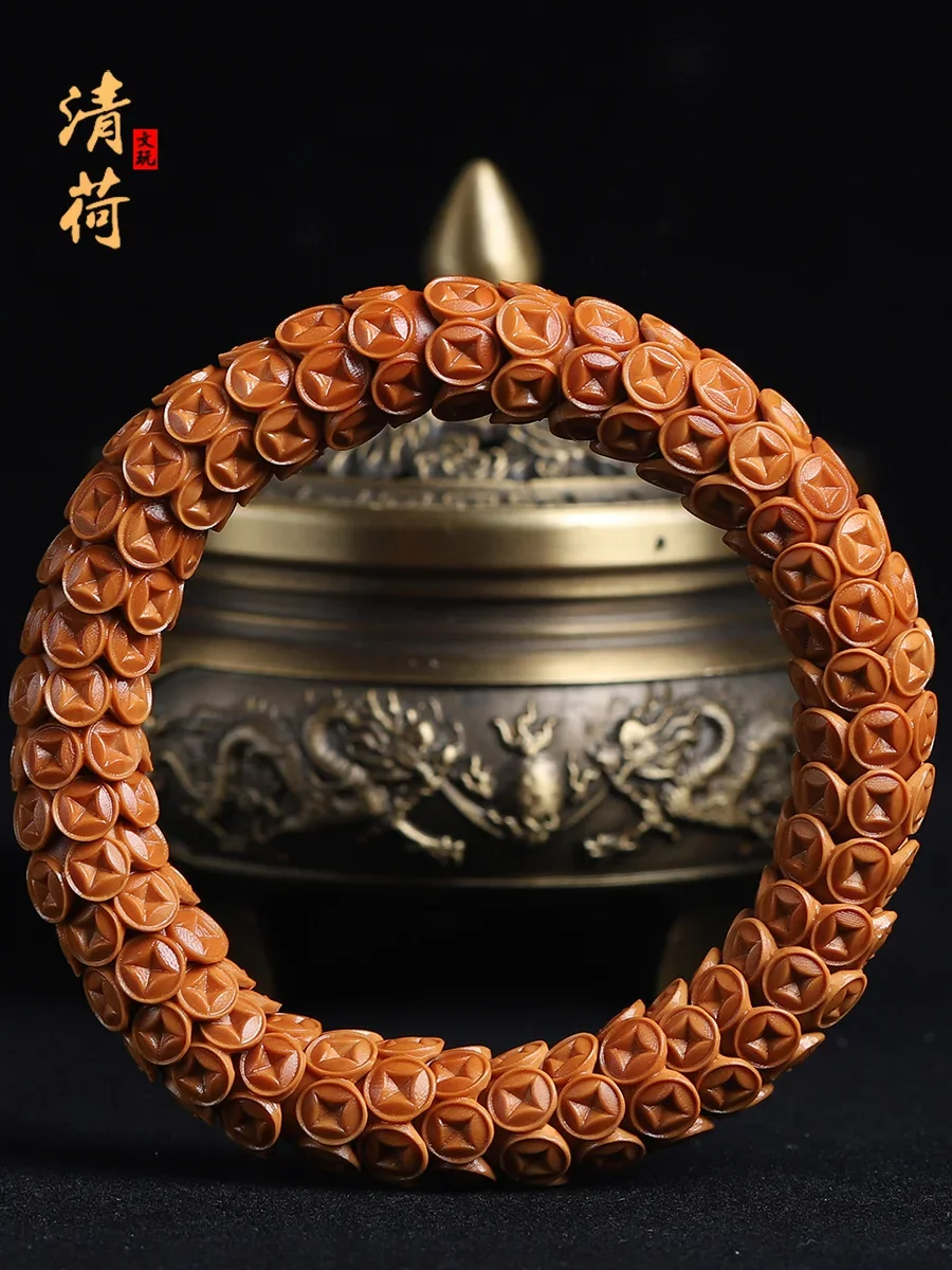 

Olive Kernel Golden Rice Bowl Bracelet Hand-carved Hollow Money Bowl Olive Kernel Carving Bracelet Men's and Women's Accessories