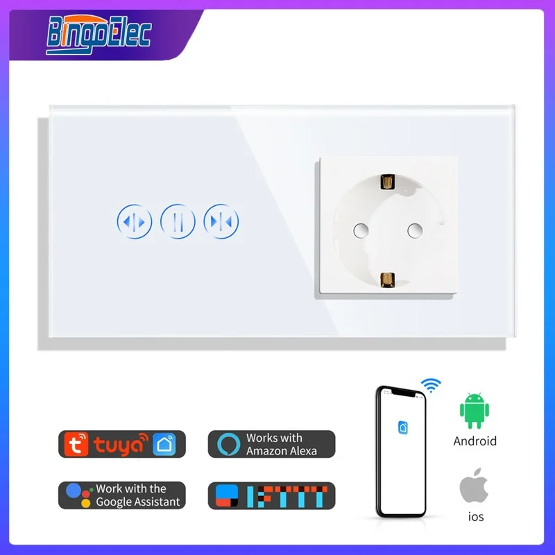 

Bingoelec Wifi Smart Touch Curtain Switches With Normal EU Standard Sockets Crystal Glass Panel Sensor Switch Home improvement