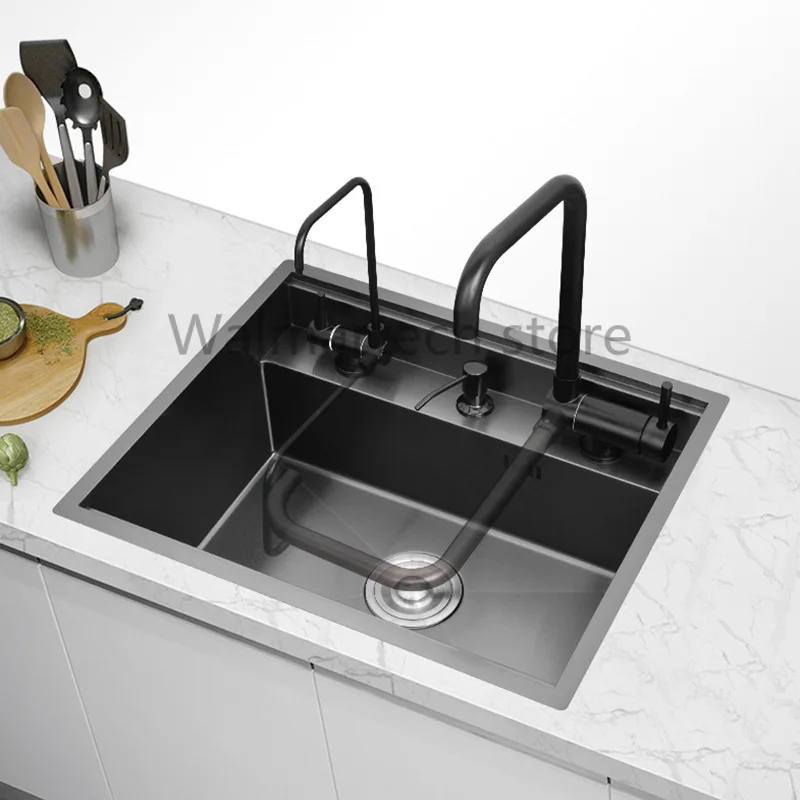 

Stainless Steel Kitchen Sink with Folded Faucet Hidden Basin Double Bowl Black Nano Above Counter or Undermount