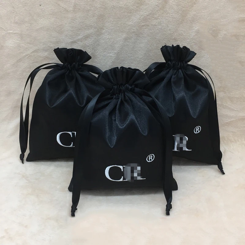 

Black Satin Bag Silk Drawstring Pouch Jewelry/Package/Cosmetic/Gift/Wedding/Party/Wig/Hair Bundle/Christmas Pocket Print Logo