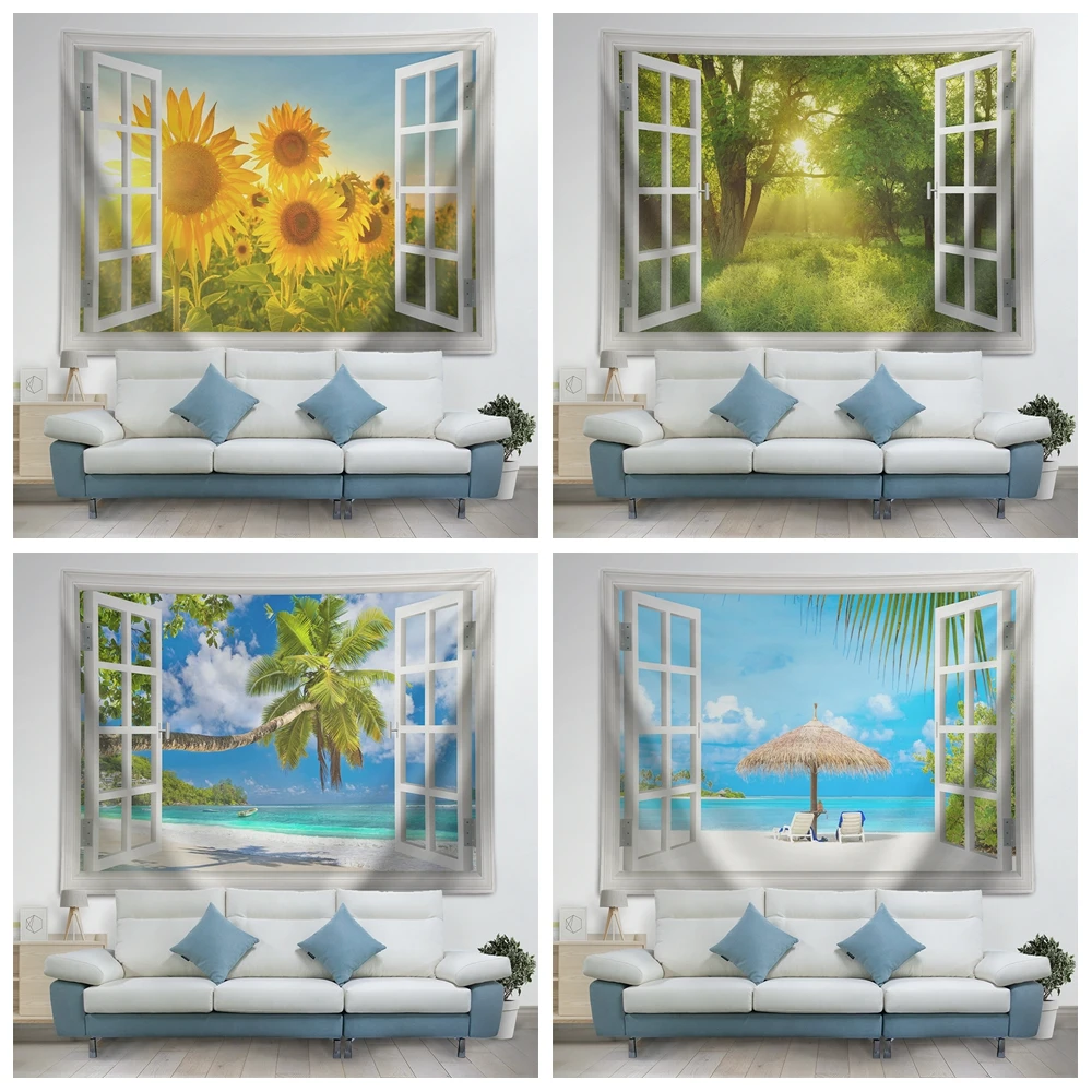 

Aesthetic Room Decor Window View Printed Tapestry Sunflower Beach Landscape Grass Wall Hanging Tapestry Yoga Mat Beach Towel