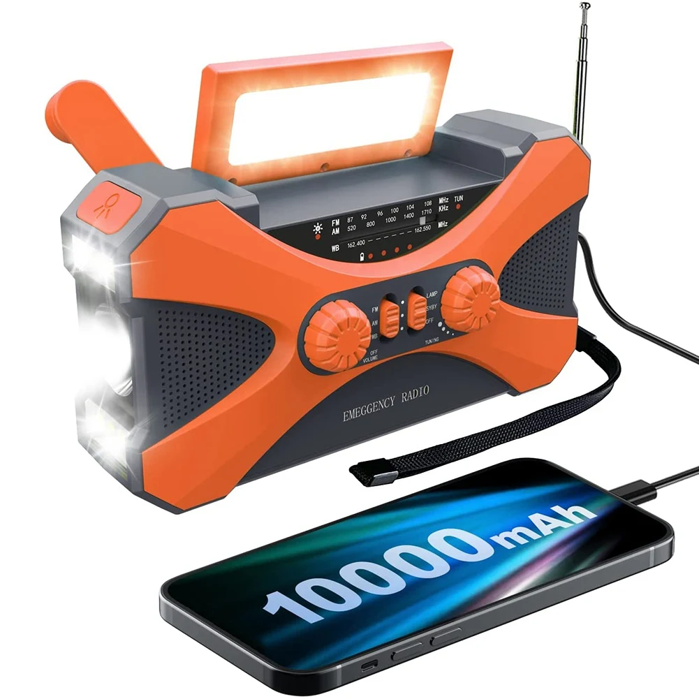 

Аварийное радио на 10000 мА · ч, солнечный ручной радиоприемник, портативный Радиоприемник с зарядным устройством для телефона, оранжевый светодиодный фонарик