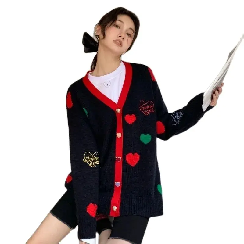 Lazy Wind Loose V-neck Women's Color-blocking Love Jacquard Single-breasted Knitted Cardigan Women's Autumn New Long-sleeved Top
Lazy Wind Loose V-neck Women's Color-blocking Love Jacquard Single-breasted Knitted Cardigan Women's Autumn New Long-sleeved Top