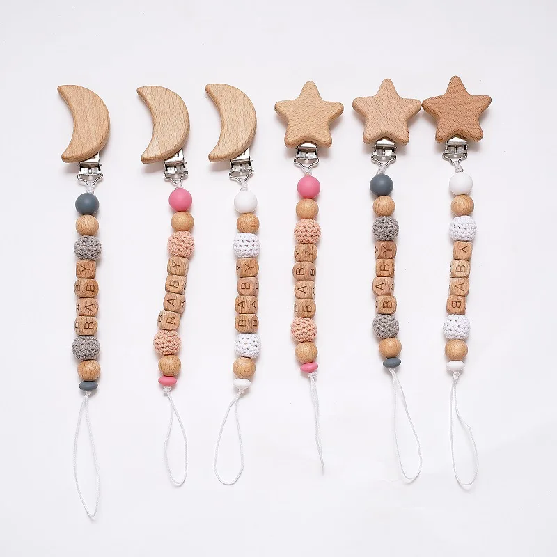 Baby Personalized DIY Name Pacifier Clips Star Moon Wood Silicone Beads Teethers Dummy Nipple Holder Clip Newborn Teething Toys
Baby Personalized DIY Name Pacifier Clips Star Moon Wood Silicone Beads Teethers Dummy Nipple Holder Clip Newborn Teething Toys