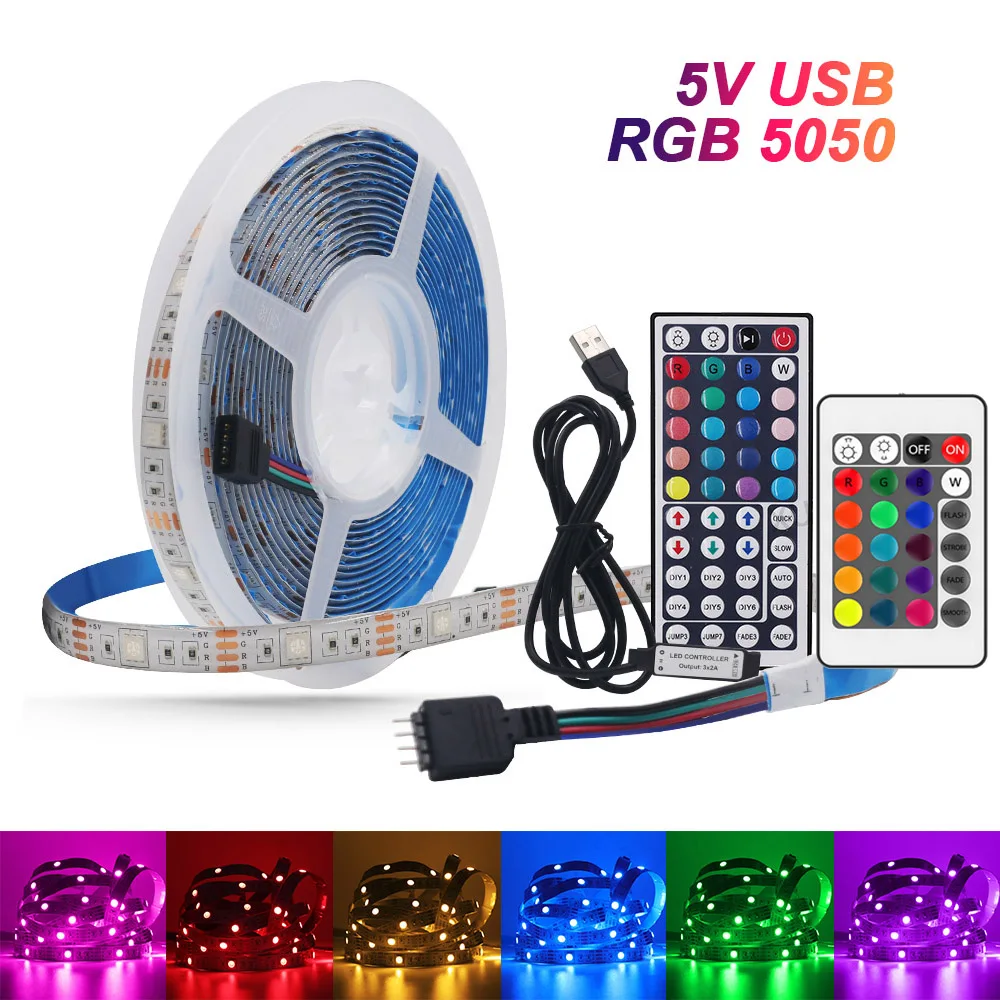 

5V USB LED Strip Light RGB 5050 60Leds/m Flexible Ribbon Diode Tape TV Backlight Lamp 0.5M 1M 2M 3M 4M 5M With Remote Controller