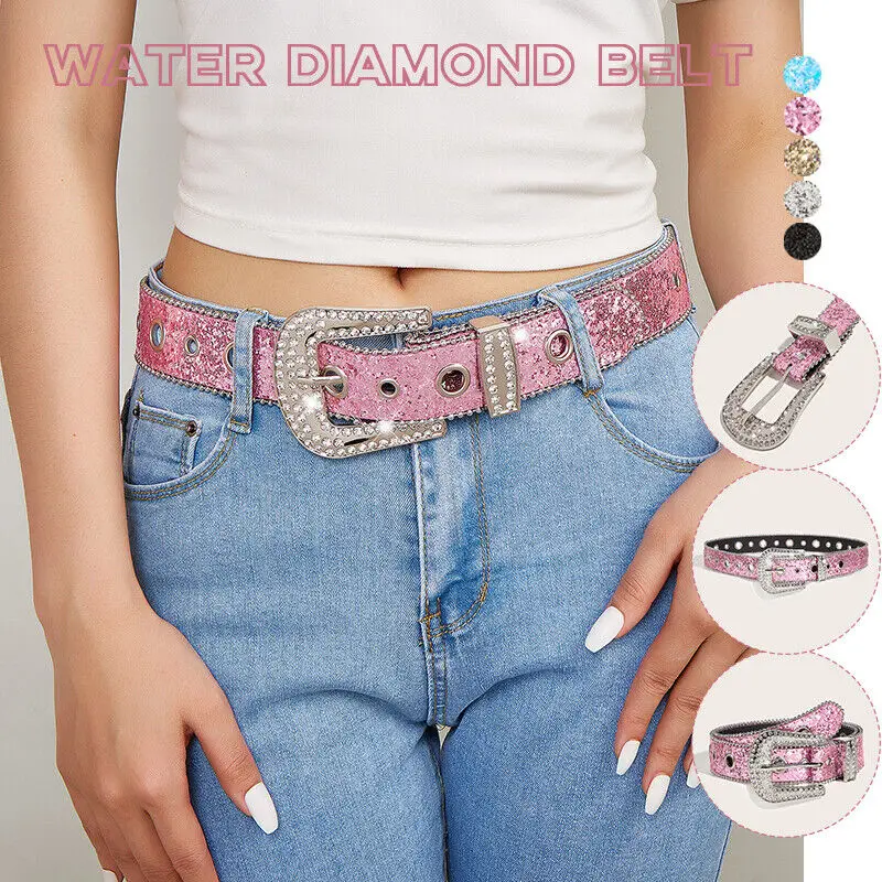 

Women Rhinestone Belt Shiny Crystal Diamond Waist Belt Faux Leather 3.8cm Wide Waistband For Jeans Strap 103/110CM