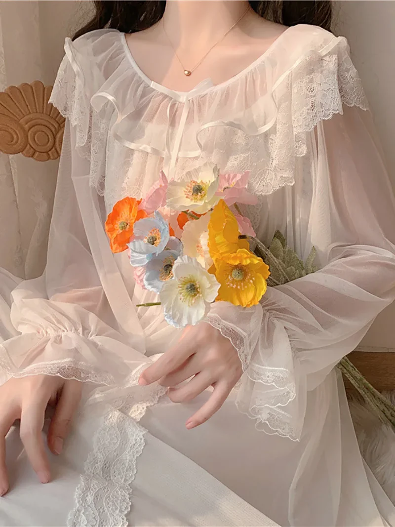 

Women Ruffles Vintage Nightgowns Lolita Princess Sleepwear White Lace Mesh Fairy Night Dress Nightdress Loungewear