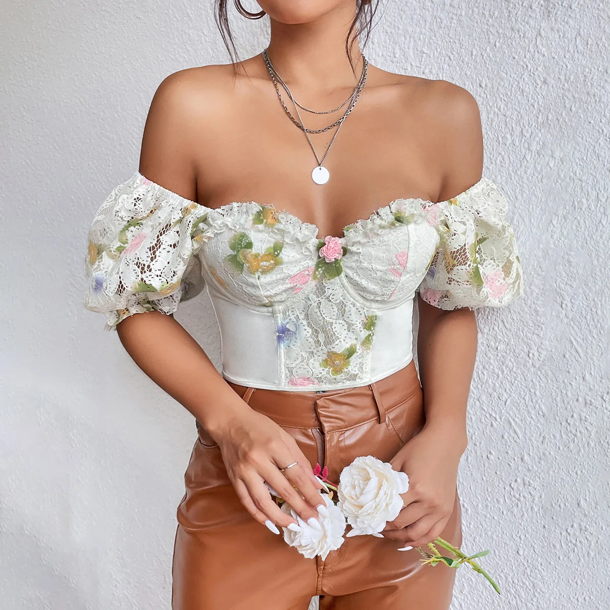 

Puff Sleeves White Corset Backless Crop Tops Sexy Floral Bustier Tank Top Summer Slim Lingerie Camis Woman Clothes Short T-shirt