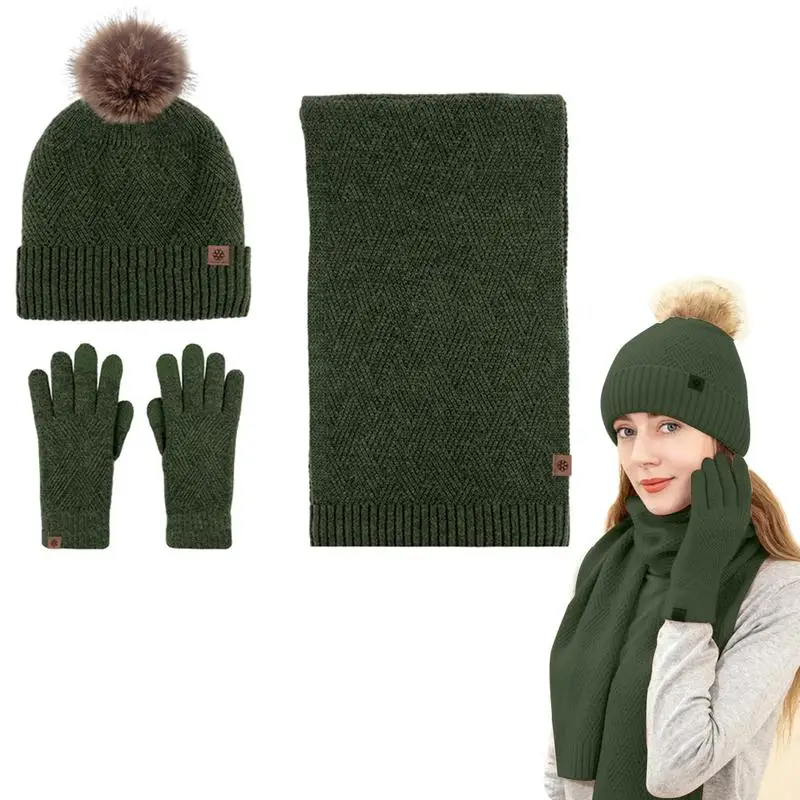 

Winter Wool Beanie Hat Scarf Gloves Set For Women Beanie With Pom Long Scarf Neck Warmer Gloves