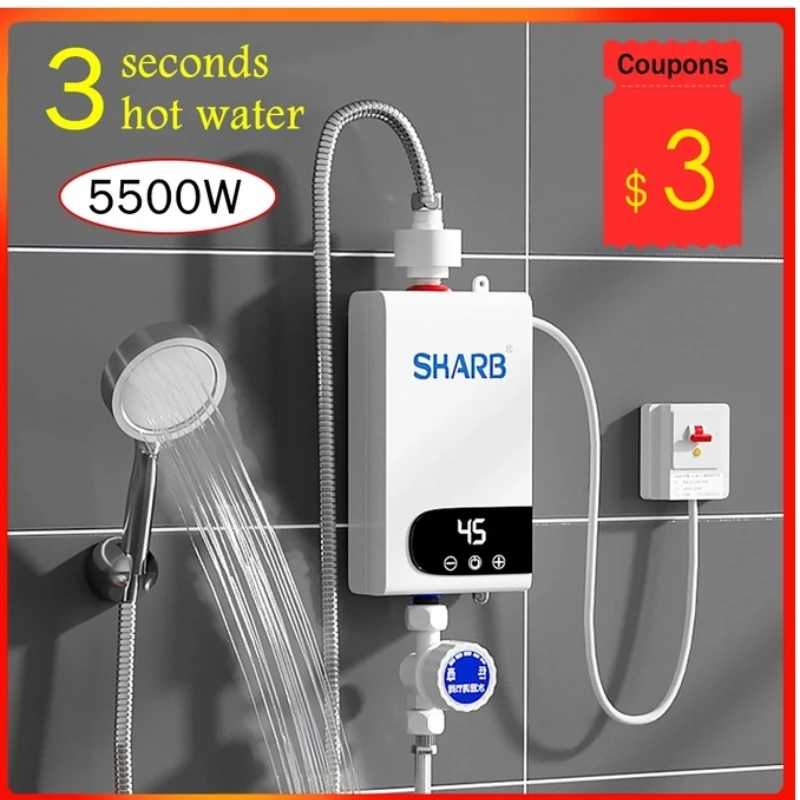 

RYK,5500W Newest Water Heater Instant Water Heater Tankless Instantaneous Faucet Tap Kitchen Hot Water Crane LED Digital EU Plug