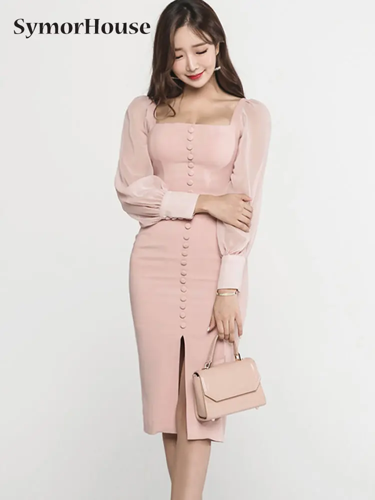 Summer Autumn Korean Sexy Split Pencil Dress Women New Office Lady Single-Breasted Chiffon Sleeve Slim Dresses Party Vestidos
Summer Autumn Korean Sexy Split Pencil Dress Women New Office Lady Single-Breasted Chiffon Sleeve Slim Dresses Party Vestidos