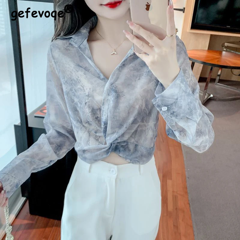 

Women's Clothing Tie Dye Print Twisted Chic Blouses Spring Summer Trendy Long Sleeve Shirts Y2K Crop Tops Blusa Mujer Moda 2023