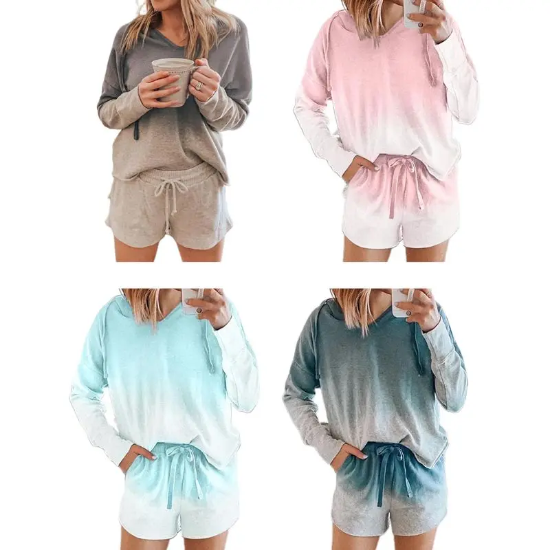

Women 2 Piece Pajamas Set Long Sleeve V-Neck Hooded Pullover Tops Drawstring Shorts Gradient Color Sleepwear Loungewear N2UE