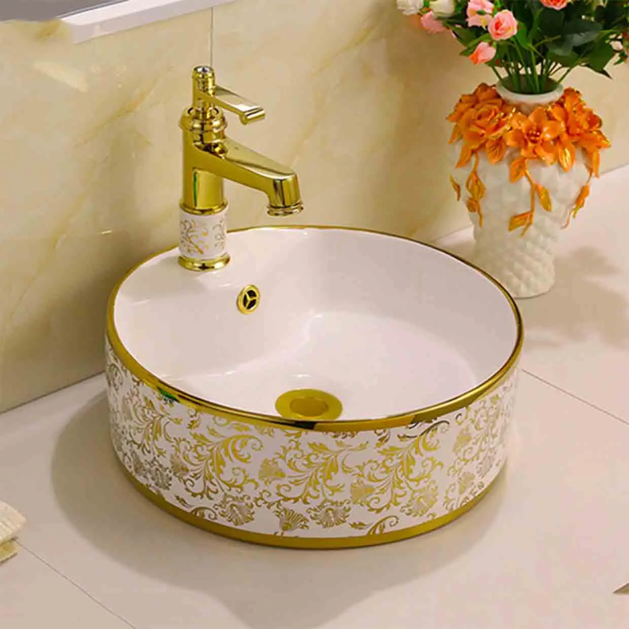 Nordic Electroplating Ceramic Basin Bathroom Washbasin Golden Flower Round Basin Light Luxury Countertop Sinks With Faucet
Nordic Electroplating Ceramic Basin Bathroom Washbasin Golden Flower Round Basin Light Luxury Countertop Sinks With Faucet