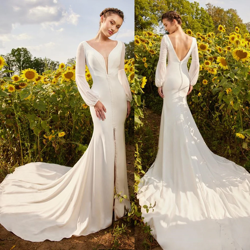 Wedding Dresses with Sleeves Elegant V Neck Mermaid Court Open Back Stain Bridal Gowns платье летнее женское فساتين نسائيه سهره
Wedding Dresses with Sleeves Elegant V Neck Mermaid Court Open Back Stain Bridal Gowns платье летнее женское فساتين نسائيه سهره