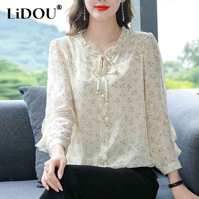 

Spring Autumn New Fashion Printing Long Sleeve Shirt Women Round Neck Edible Tree Fungus Lacing Bow Blouse Casual Elegant Tops