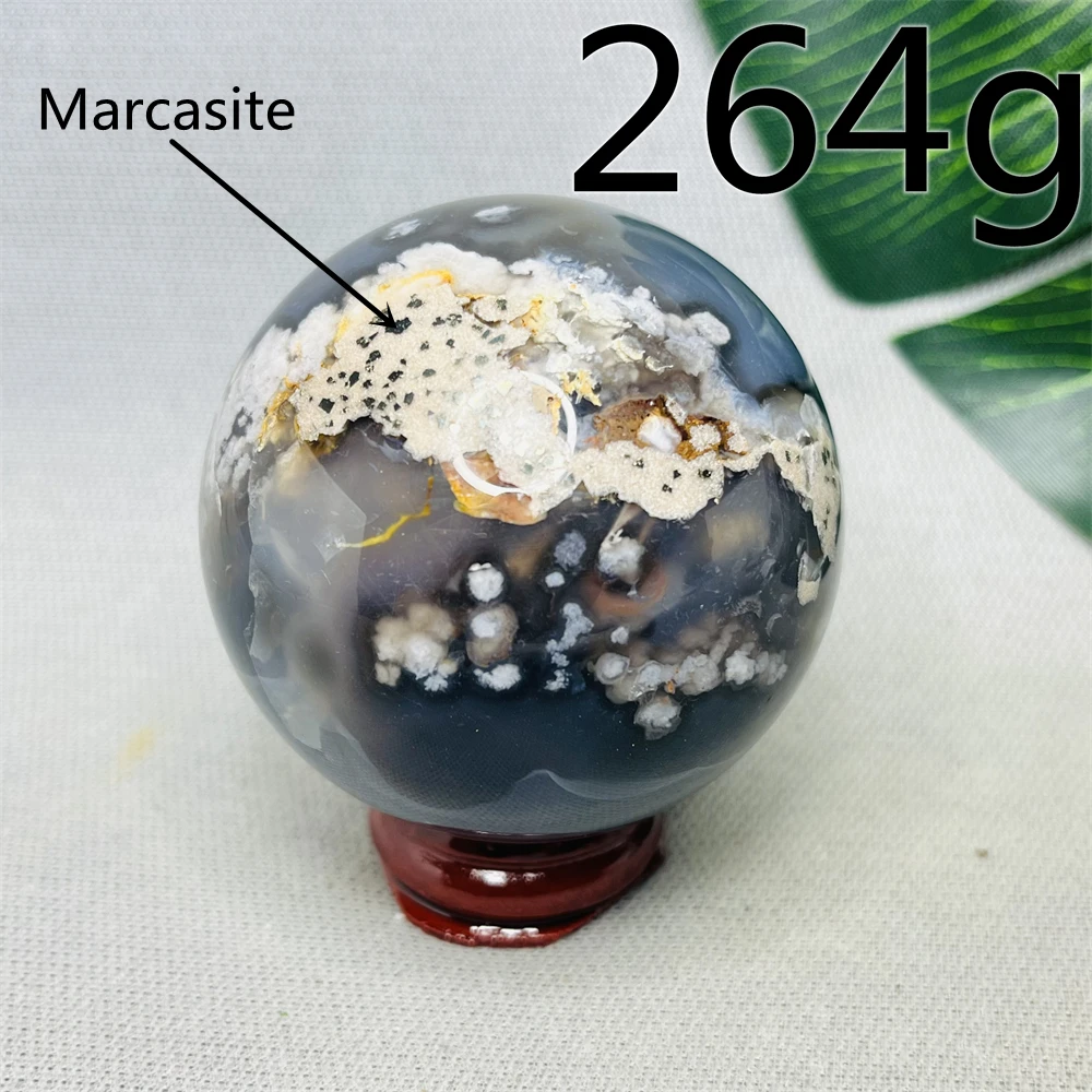 

Natural Black Cherry Blossom Agate &Marcasite Ball Geode Agate Original Mineral Specimen Home Feng Shui Decoration Gem Healing