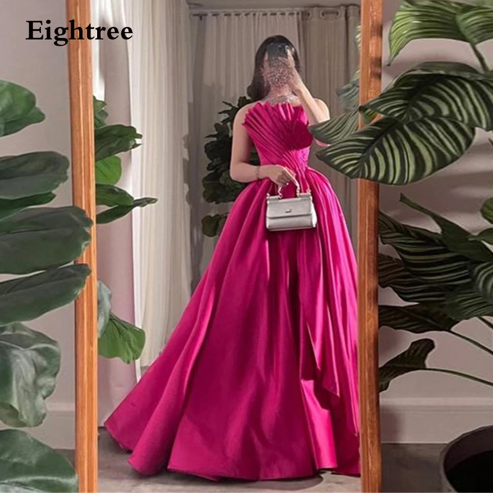 

Eightree Fuchsia Vintage Evening Dresses Strapless Long A Line Satin Pleat Abendkleider Dubai Formal Occasion Dresses 2023