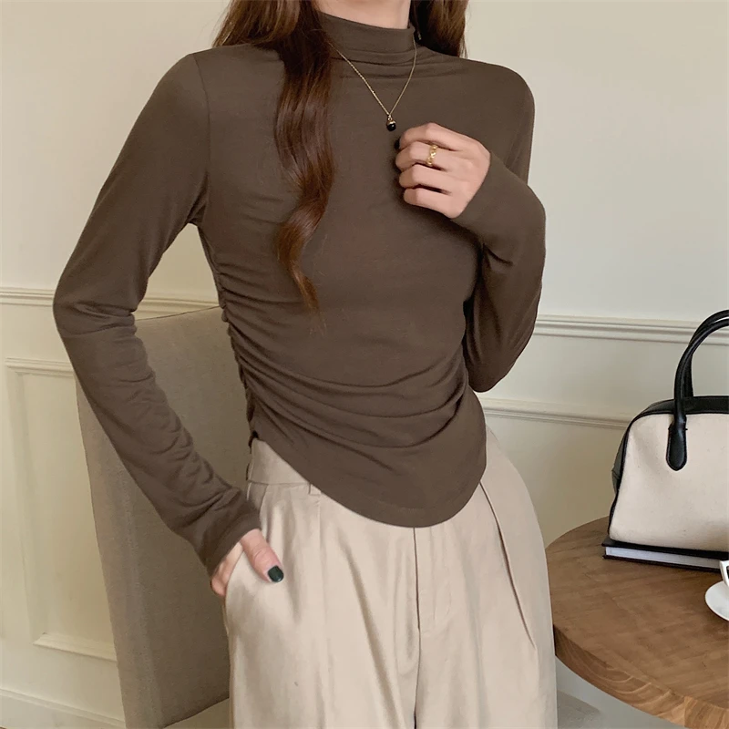 Spring Autumn Women's Solid Turtleneck Pleated Pullover Distressed Long Sleeve T-shirt Undershirt Fashion Vintage Casual Tops
Spring Autumn Women's Solid Turtleneck Pleated Pullover Distressed Long Sleeve T-shirt Undershirt Fashion Vintage Casual Tops