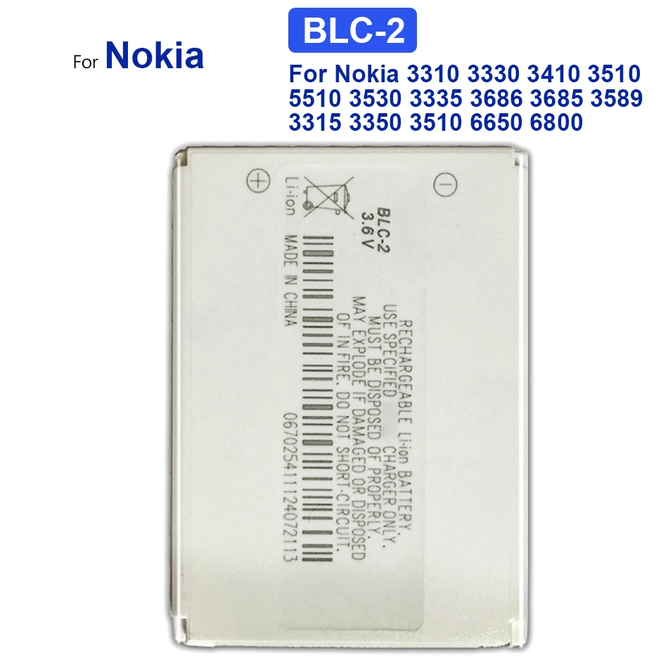 

New BLC-2 Battery For Nokia 3310 3330 3410 3510 5510 3530 3335 3686 3685 3589 3315 3350 3510 6650 6800 3550 Batterie New Bateria
