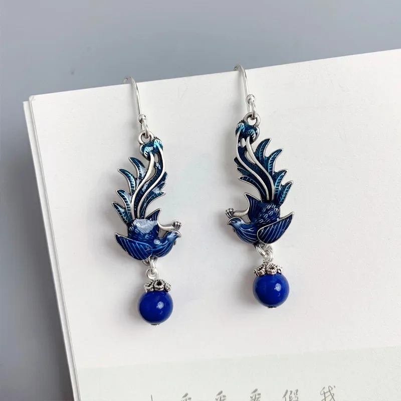 

Blue Silver Color Phoenix Tassel Earrings Women Lazurite Craft Ear Jewelry National Style Exaggerated Dangle Earrings Accessorie