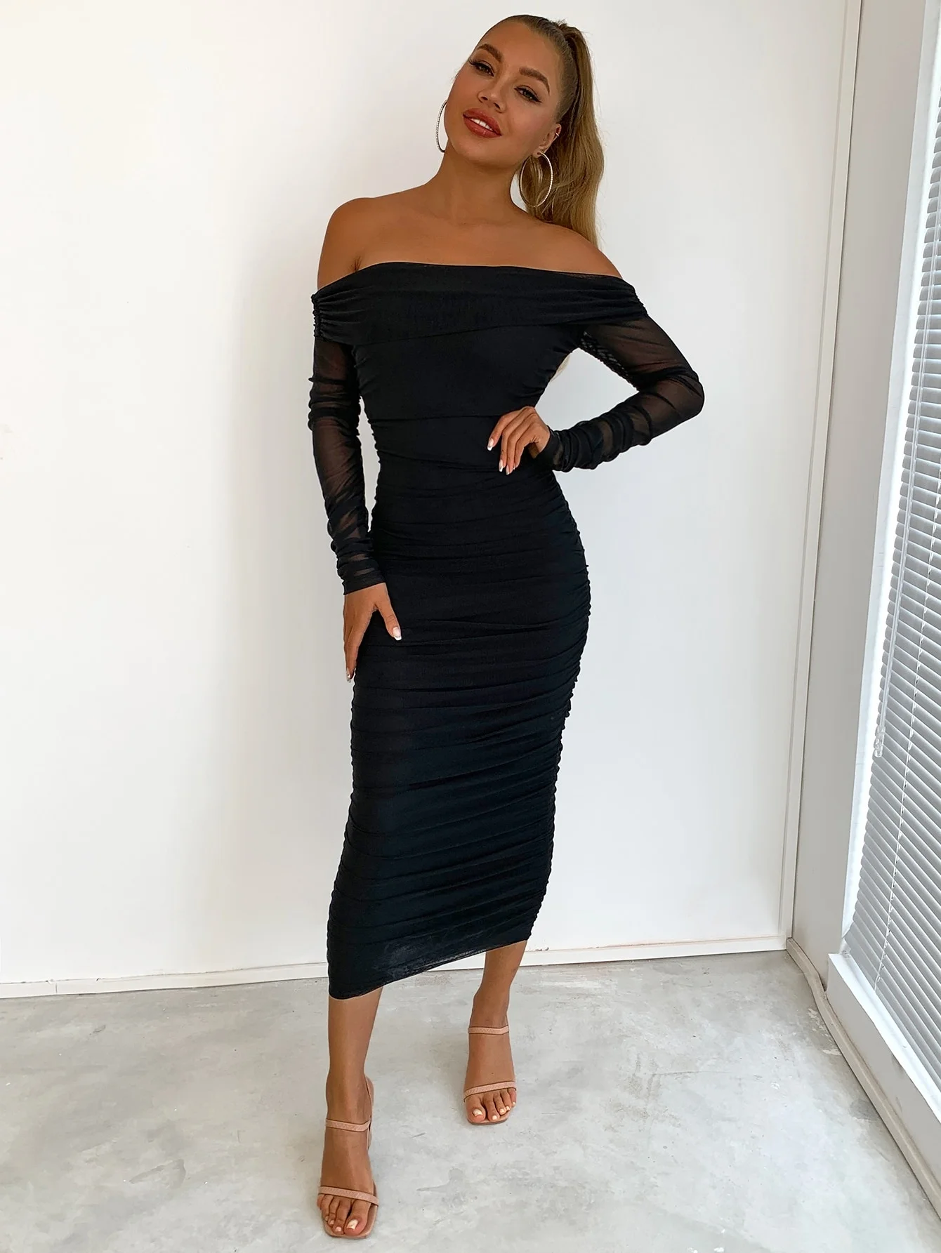 

JustChicc Off Shoulder Mesh Party Dress Women Clothing Sexy Club Backless Ruched Bodycon Dresses Long Sleeves Autumn Vestidos