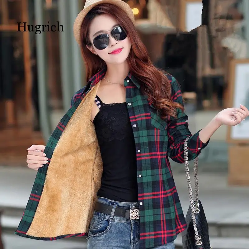 

Women's Shirts Check Shirt Autumn Winter Long Sleeve Plaid Shirt Single-breasted Add Thick Warm Women Jacket Female Tops