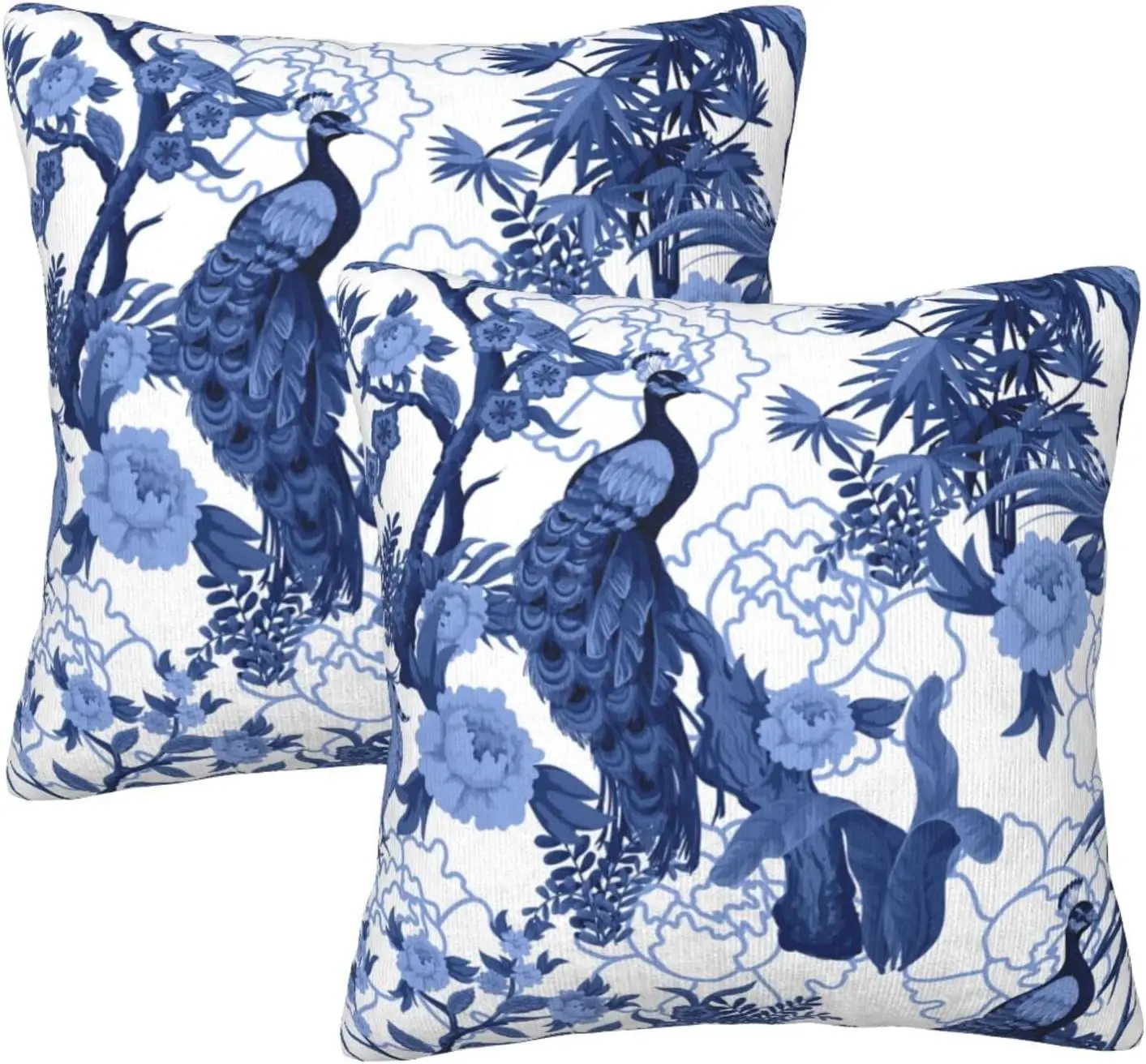 

Birds and Peonies in Blue Color Pillow Cover Case Peacock Chinoiserie Style with Invisible Zipper Cushion Cover 18x18in 2PC