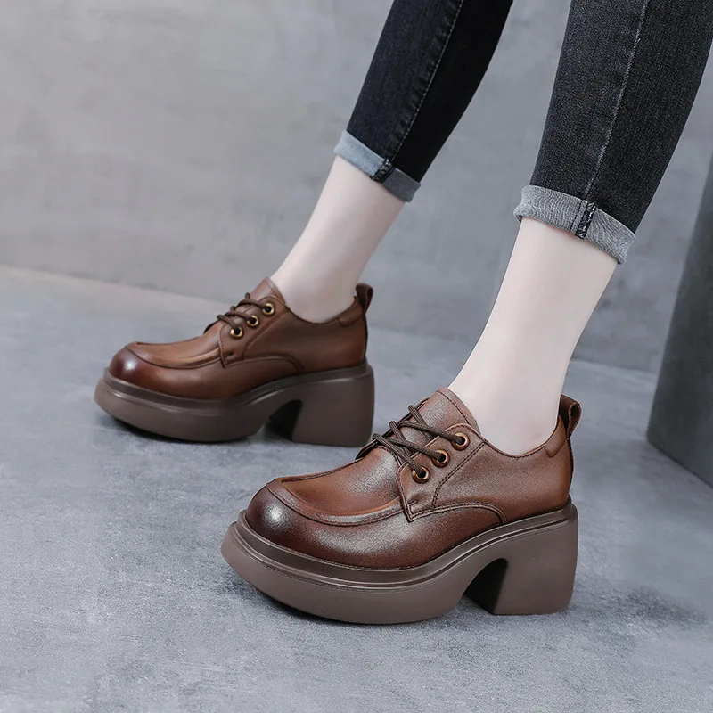 

New Genuine Leather British Style Thick Sole Thick Heel Single Toe Layer Cowhide Retro Small Leather Shoes Women's Lefu Shoes