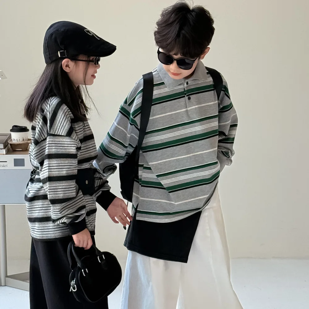 2025 Autumn New Children Long Sleeve T Shirts Cotton Boys Loose Striped Polo Shirts Girls Lapel Casual Bottoming Tops Clothes 19 Sd6d99c97211148b0af8d06670647ef40i