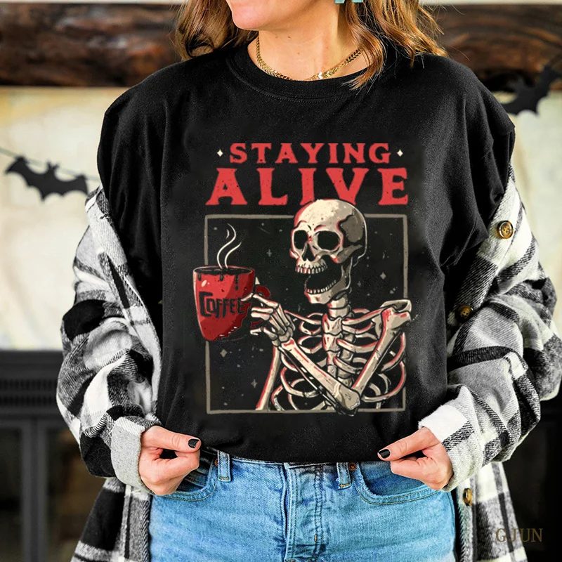 

Women Harajuku Tshirt Staying Alive Print Short Sleeve Tees Tops Summer Casual Trendy Coffee Skeleton T-Shirts Female Clothes