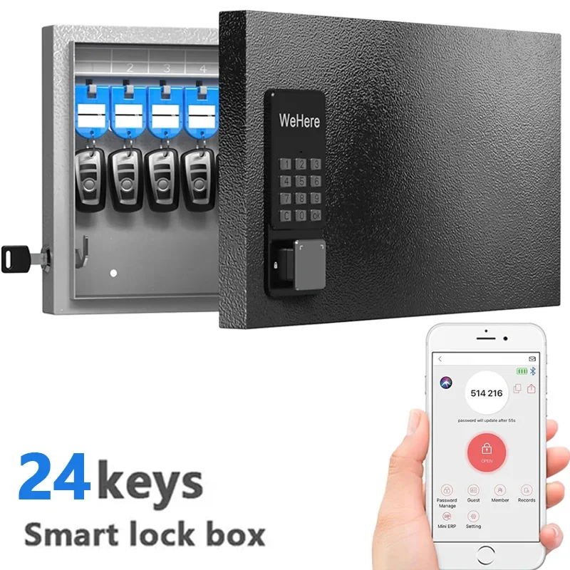 

WeHere 24 Key Lock Box, Intelligent Wall Mounted Key Storage Cabinet,OTP/APP Bluetooth/fixed Code Unlocking Key Management Safe