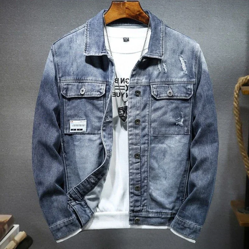 

Men's Denim Jacket Ripped Autumn Blue with Hole Motorcycle Button Biker Male Jean Coats Menswear Low Price Fast Delvery Big Size